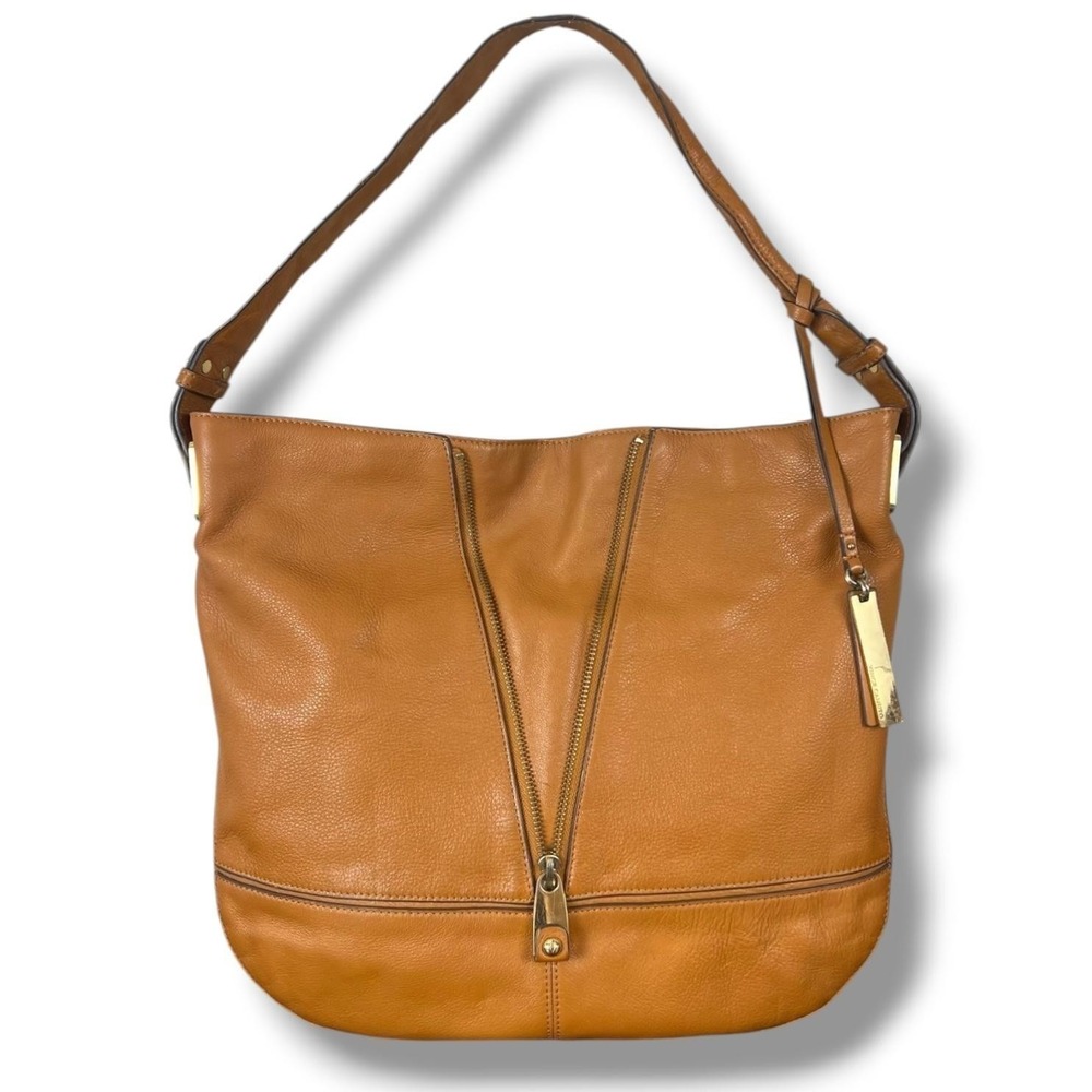 Vince Camuto Hobo Shoulder Bag Womens Cognac Leather Zip Detail Adjustable Strap